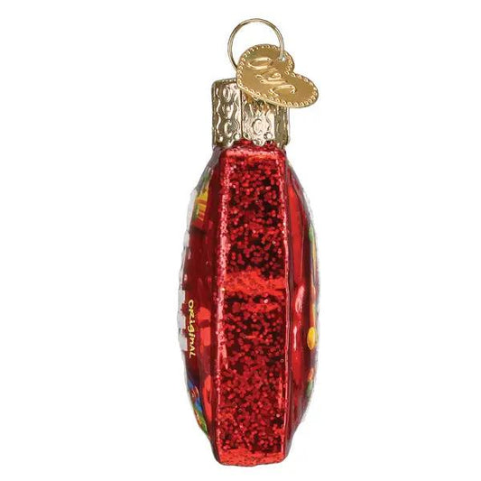 Skittles bag glass ornament red glitter with gold cap for holiday decor on Tampa Home & Garden Store