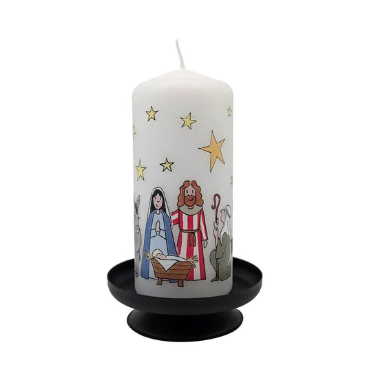 Nativity Pillar Candle, white with stars on black base by The Country Christmas Loft on Tampa Home & Garden Store