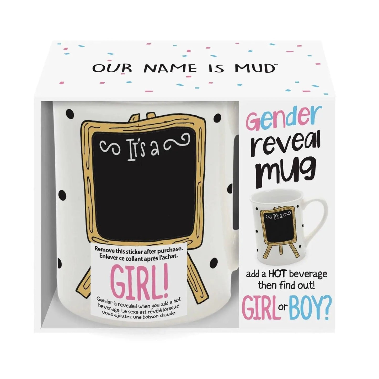 Gender reveal heat mug white ceramic with chalkboard frame by The Country Christmas Loft on Tampa Home & Garden Store