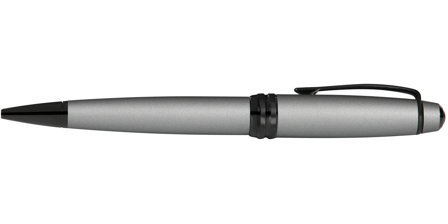 Bailey Matte Gray Lacquer Ballpoint Pen by A.T. Cross, silver-gray body with black cap and clip on Tampa Home & Garden Store