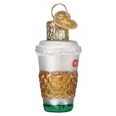 Gumdrop Mini Coffee To Go Glass Ornament white lid, gold glitter band, green base on Tampa Home & Garden Store