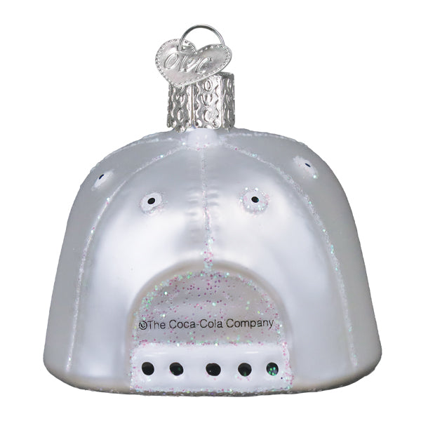 Diet Coke Baseball Cap Glass Ornament white translucent cap with silver top Coca-Cola branding on Tampa Home & Garden Store