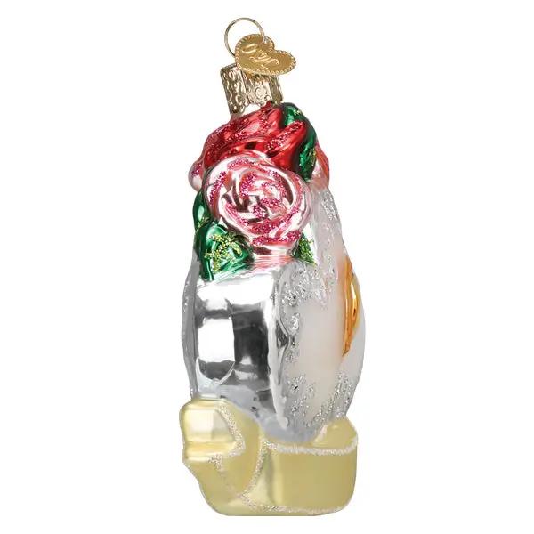 Personalized Couple First Christmas Ornament, clear glass bride with red rose, gold base on Tampa Home & Garden Store