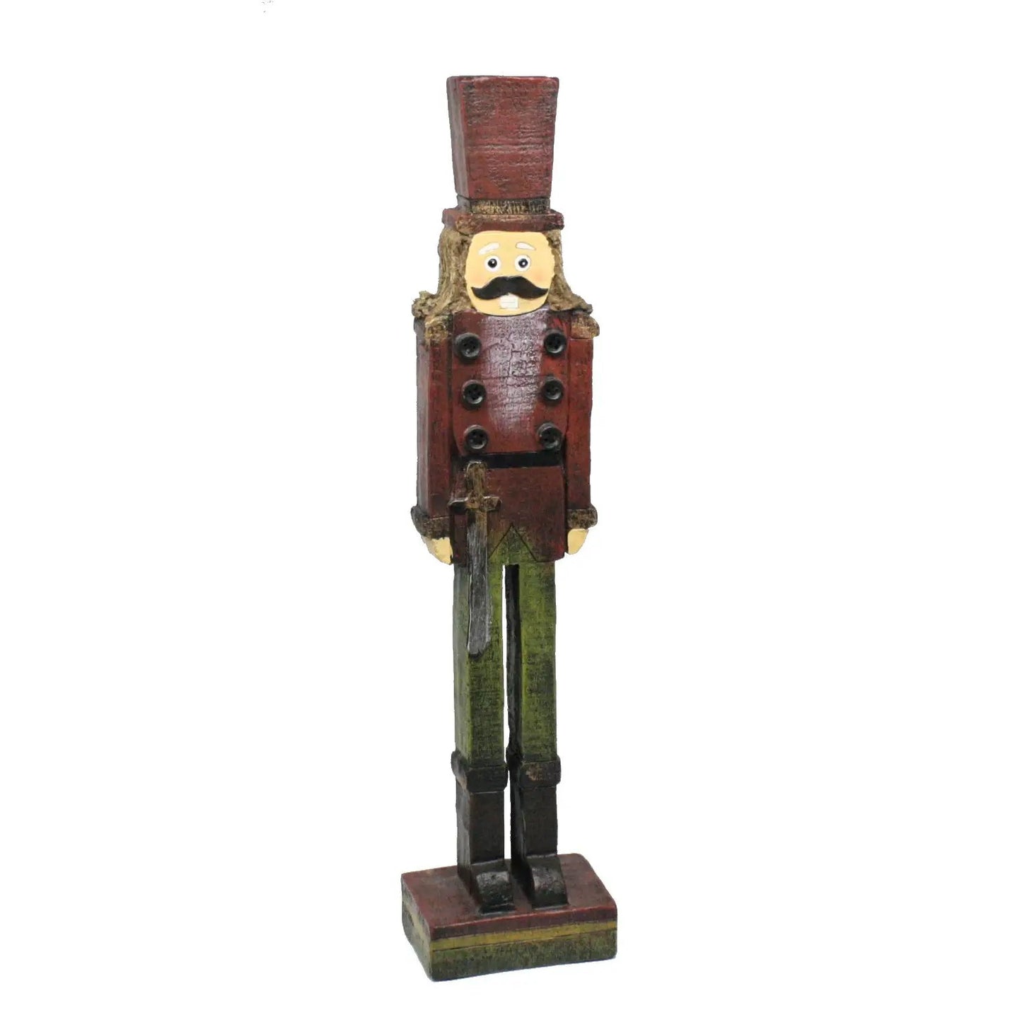 Resin vintage nutcracker on stand with wood-look red coat and mustache on Tampa Home & Garden Store