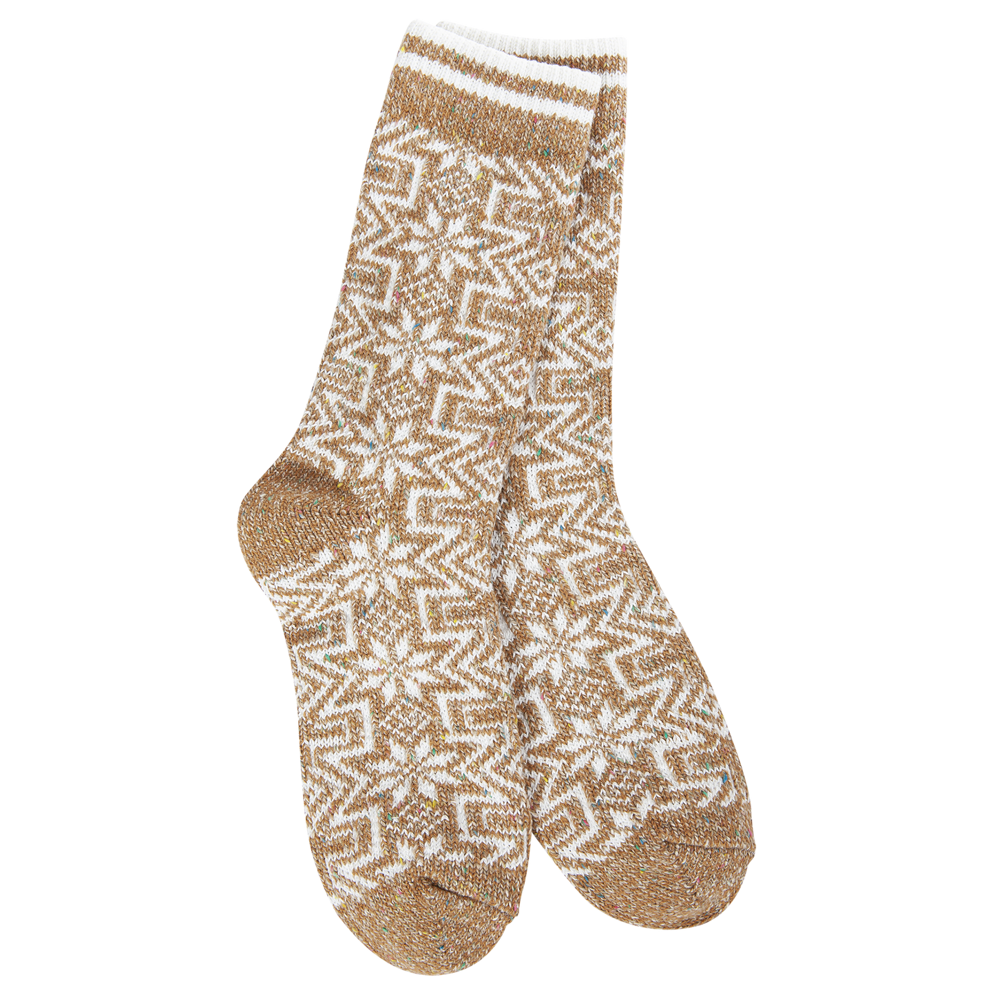 Weekend Holiday Confetti Gingerbread crew socks, tan/white knit, pair, Country Christmas Loft on Tampa Home & Garden Store