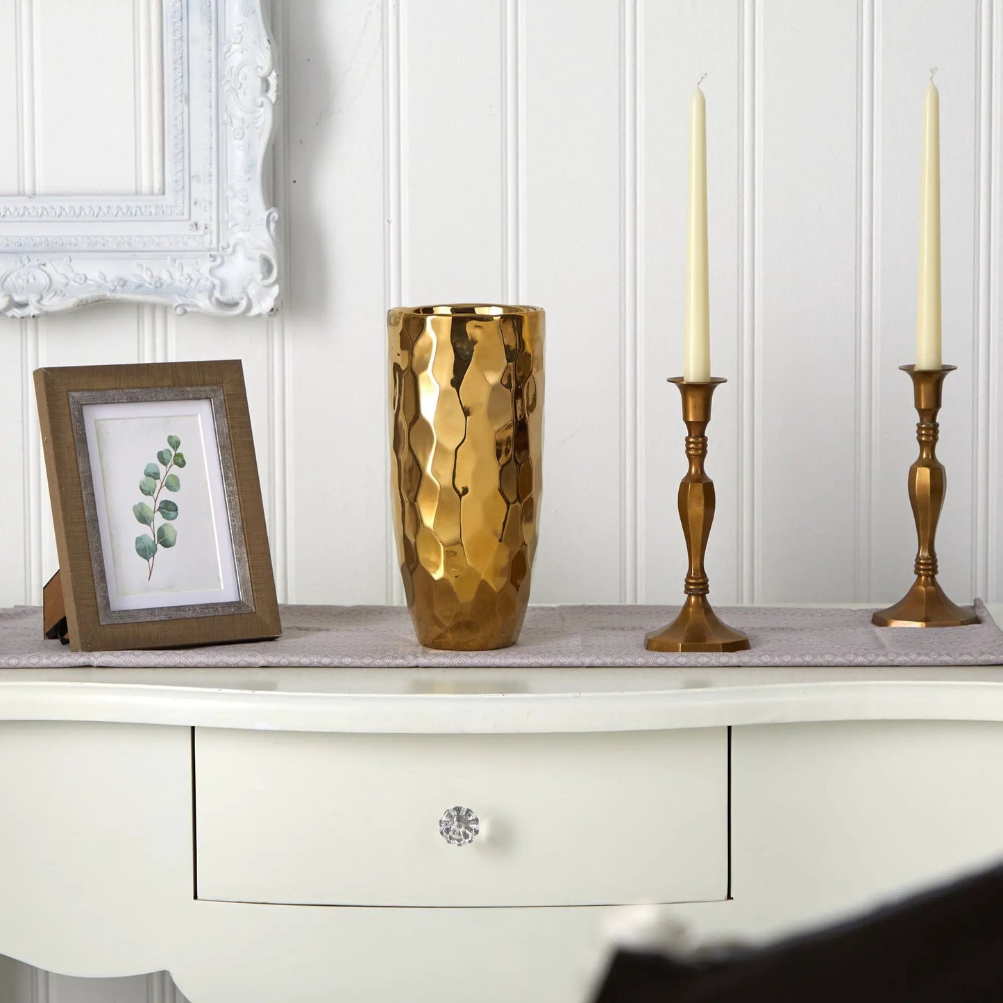 Designer Gold Cylinder Vase 10 Inch hammered finish with two brass candlesticks on Tampa Home & Garden Store