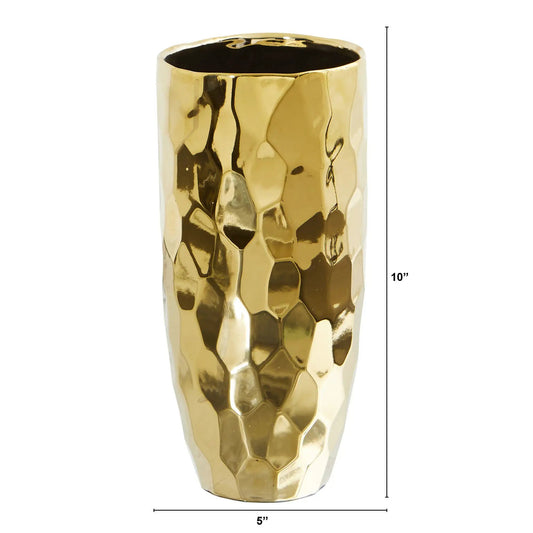 Designer Gold Cylinder Vase 10 Inch Modern Glam with hammered gold finish by Nearly Natural on Tampa Home & Garden Store
