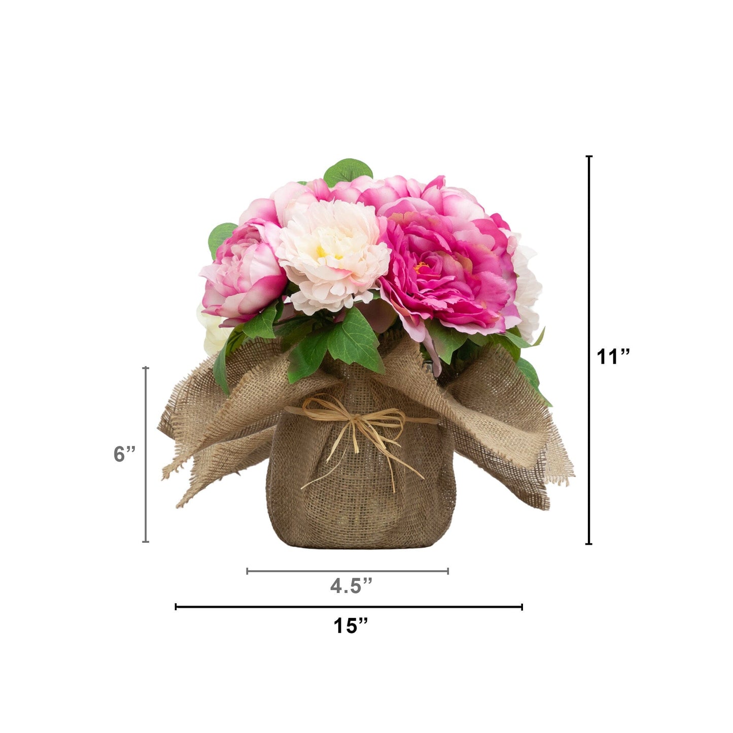 12-inch Nearly Natural peony arrangement in burlap vase with pink and white blooms on Tampa Home & Garden Store