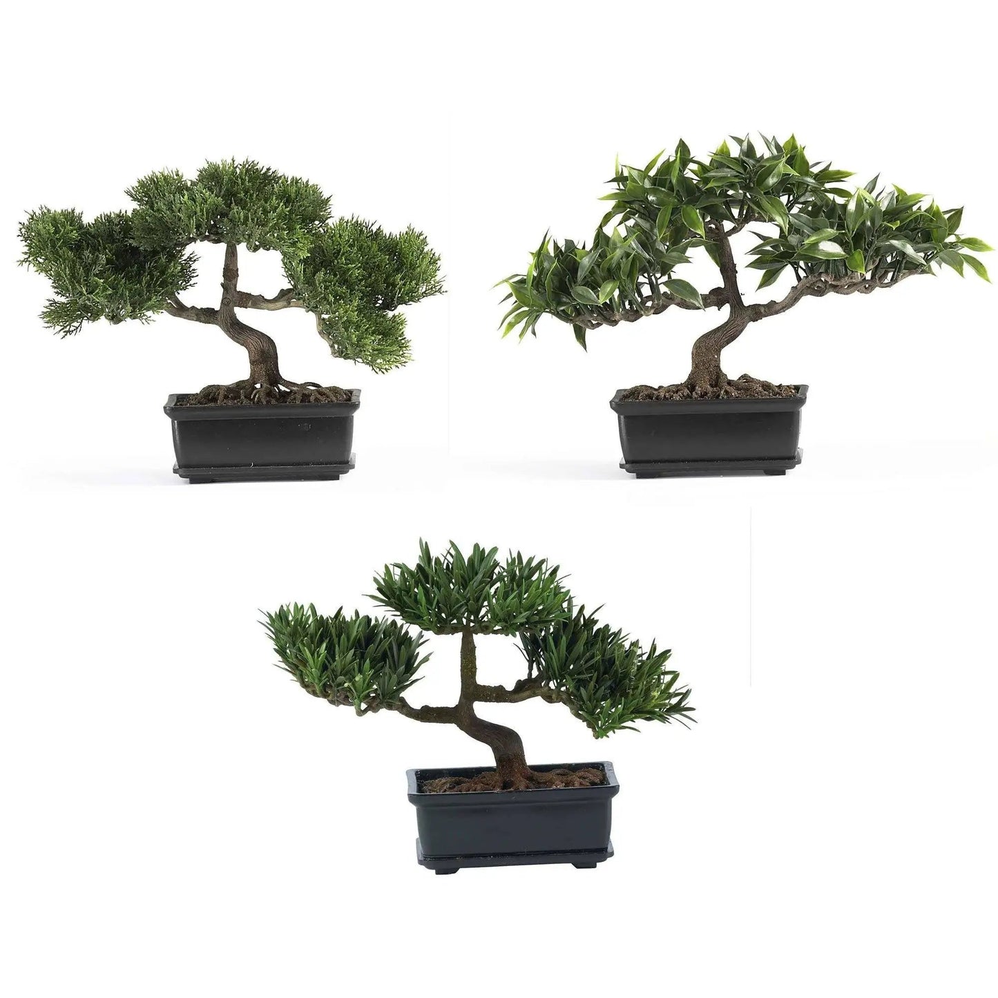 12 Inch Bonsai Silk Plant Set of 3 by Nearly Natural with green foliage in black pots on Tampa Home & Garden Store