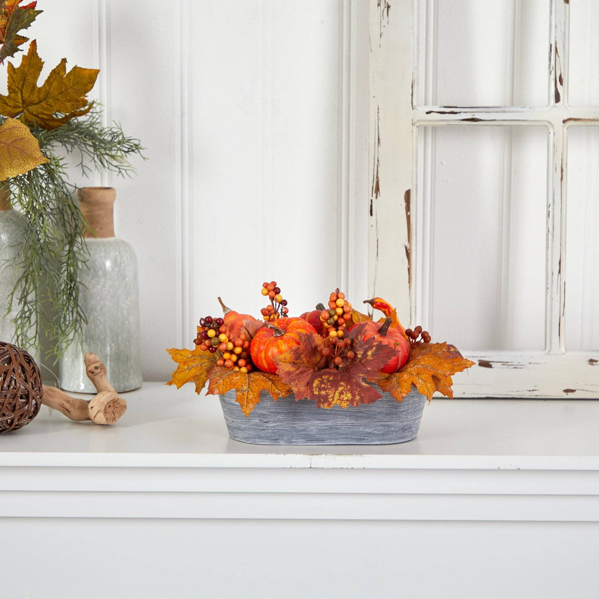 12” Fall Pumpkin Berries Autumn Harvest Artificial Arrangement in Washed Vase by Nearly Natural on Tampa Home & Garden Store