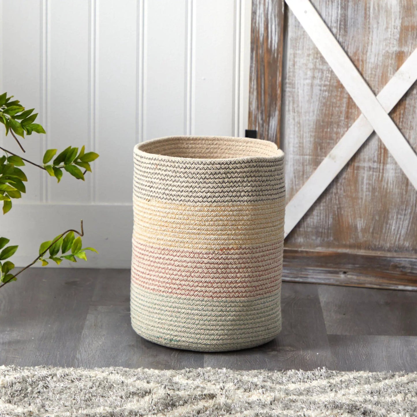 12-inch natural cotton woven planter with multicolored stripes and textured weave on Tampa Home & Garden Store