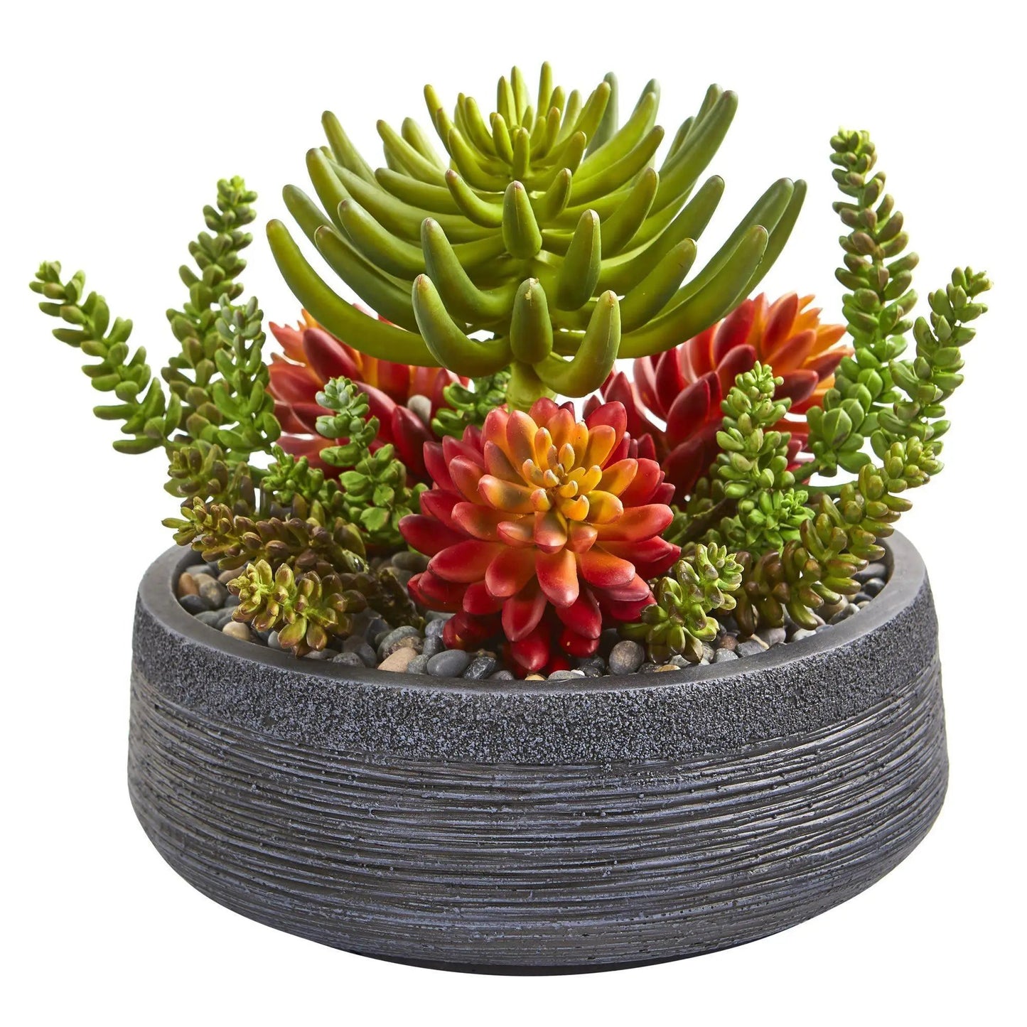 12 Inch Succulent Garden in Black Bowl green and red artificial succulents in a black bowl on Tampa Home & Garden Store