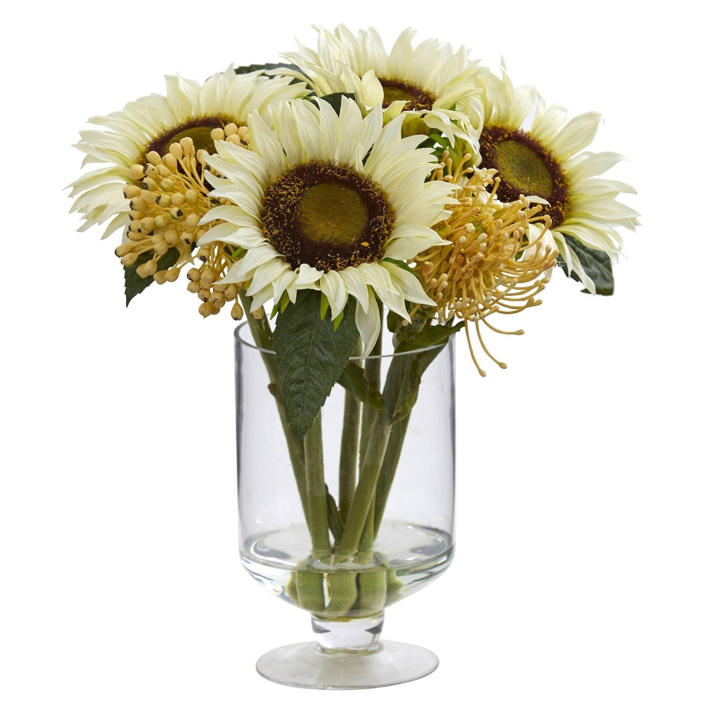 12” pale yellow Sunflower & Sedum artificial arrangement in glass vase by Nearly Natural on Tampa Home & Garden Store