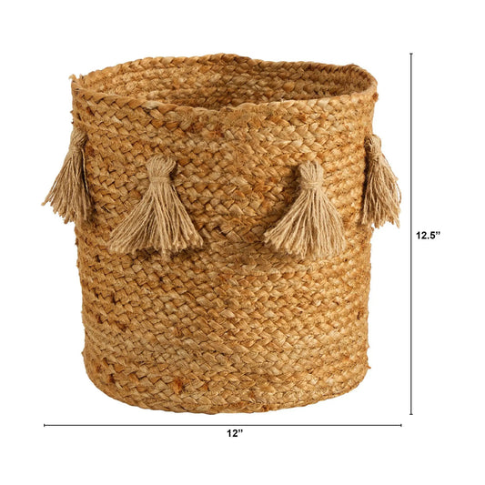 12.5” Boho Chic Natural Hand-Woven Jute Basket with Tassels - Tampa Home & Garden Store