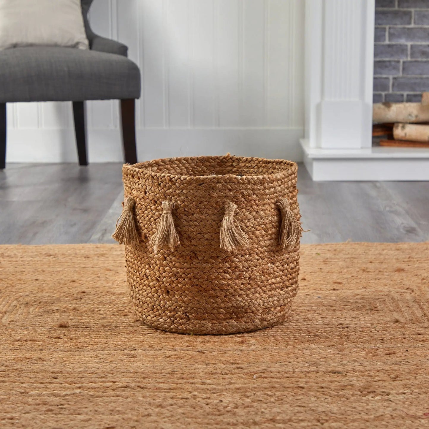 Boho Chic natural handwoven jute basket with tassels, 12.5in diameter on Tampa Home & Garden Store