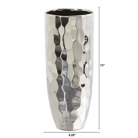 Designer Silver Cylinder Vase by Nearly Natural with hammered finish, 13 inches tall on Tampa Home & Garden Store