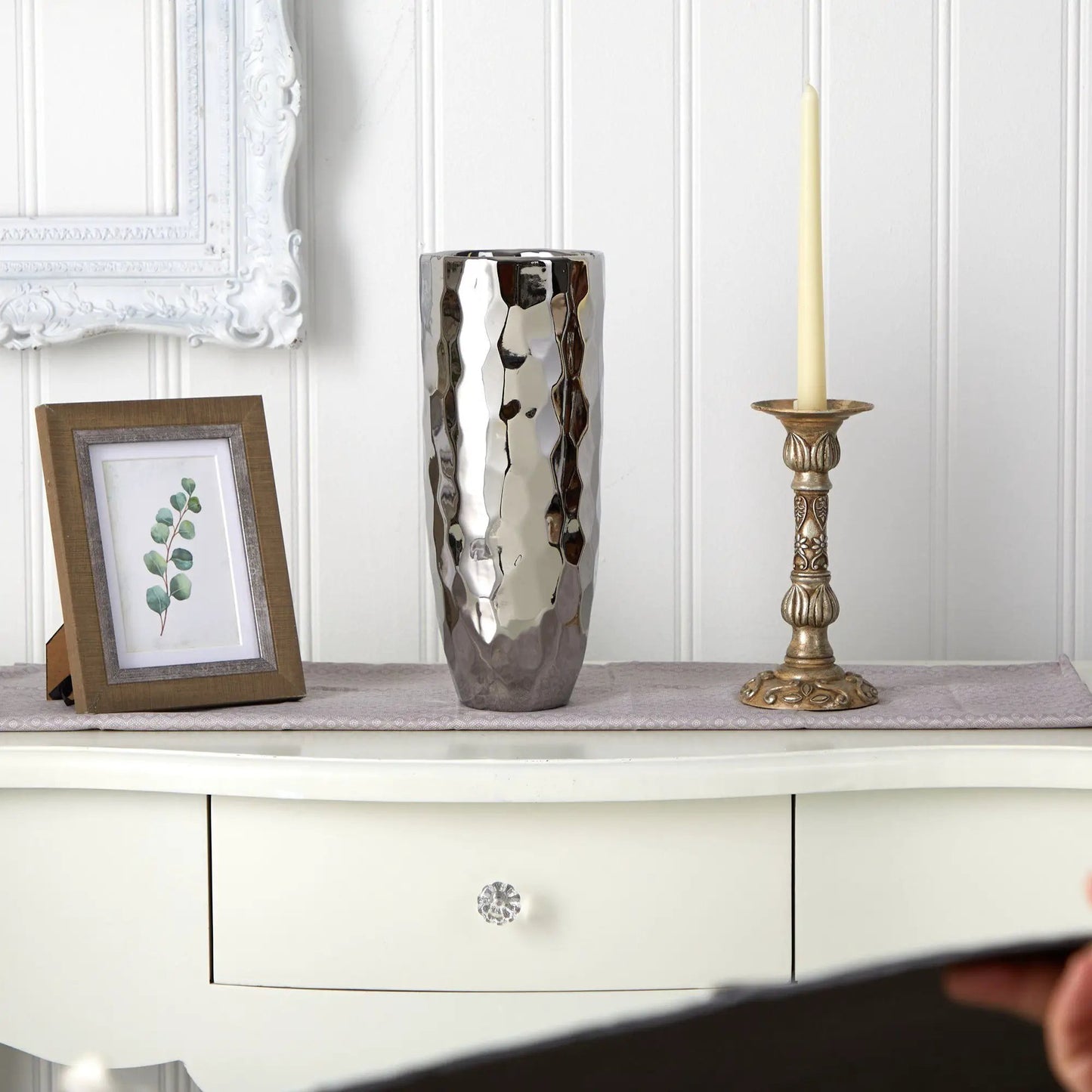Designer Silver Cylinder Vase 13 Inch Tall with hammered metallic finish on Tampa Home & Garden Store