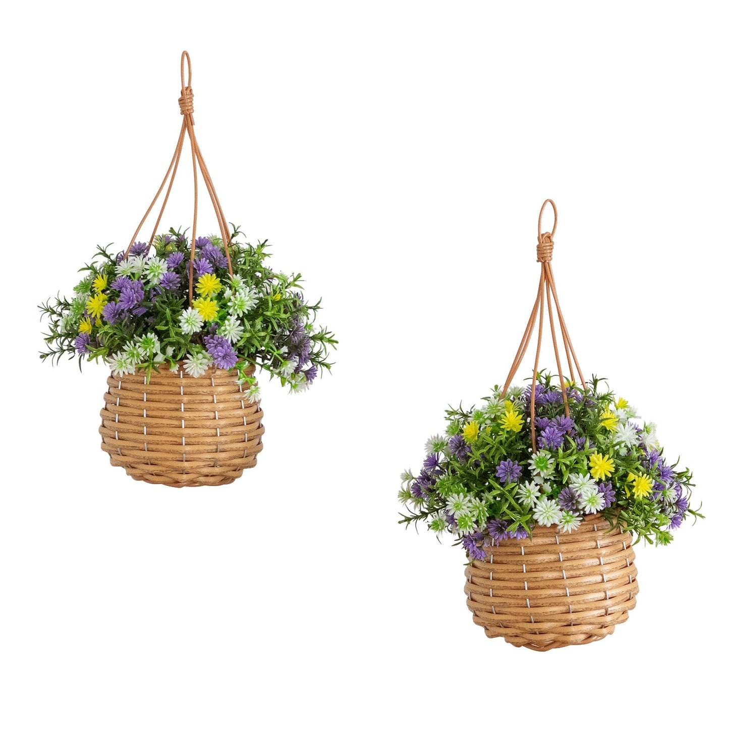 Nearly Natural 13 in UV resistant Dandelion Rosemary hanging baskets, set of 2 in woven wicker on Tampa Home & Garden Store