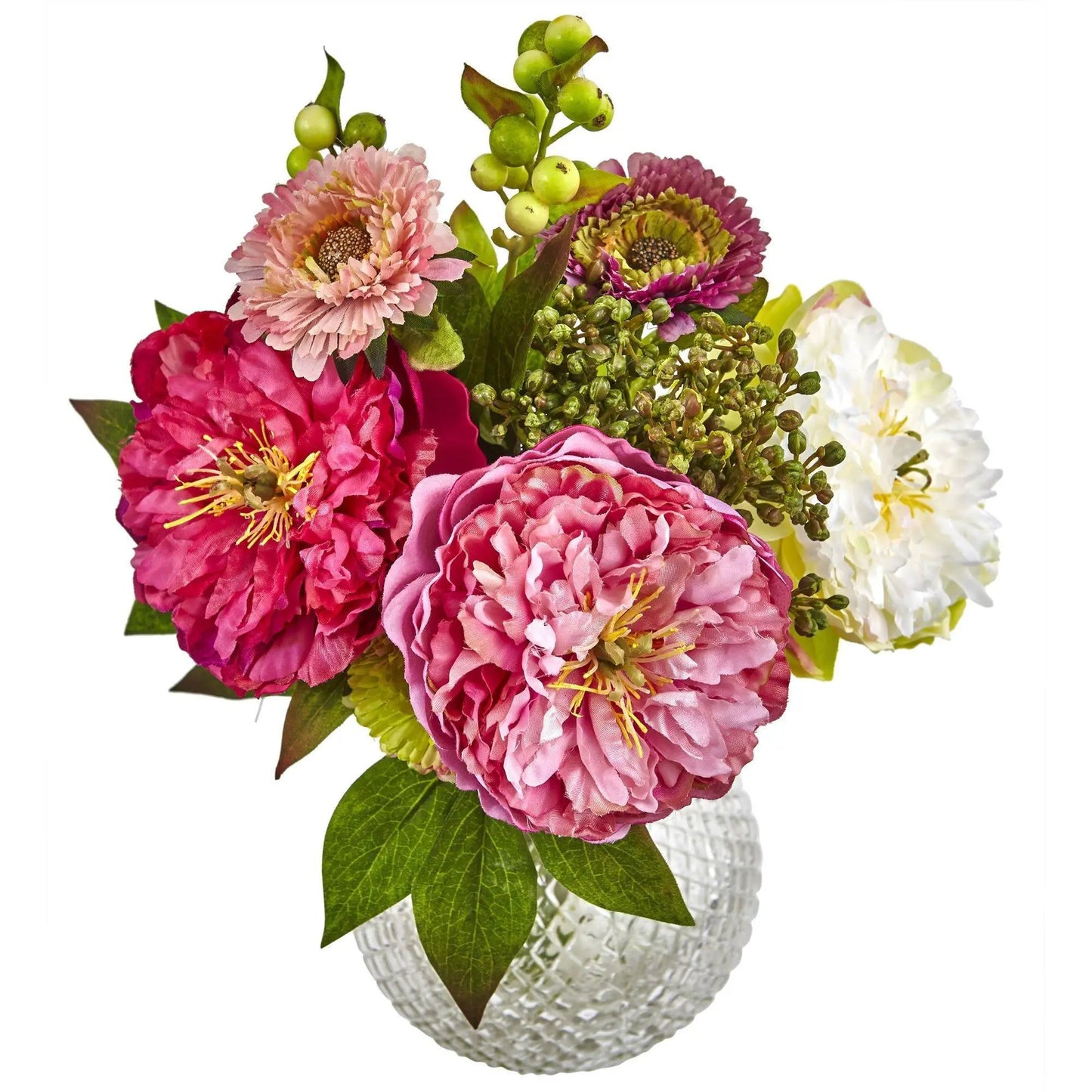 14-inch artificial peony and mum bouquet in glass vase, Nearly Natural, pink purple blooms on Tampa Home & Garden Store