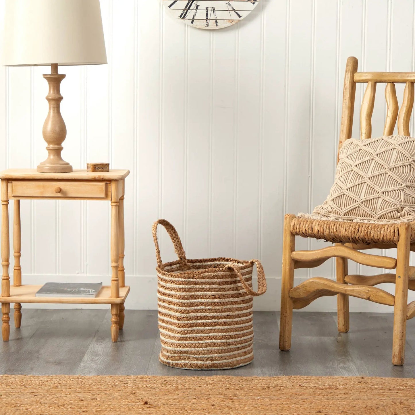 Nearly Natural Boho Chic Basket in natural cotton and jute, tall striped woven storage basket on Tampa Home & Garden Store