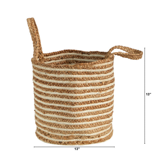 Cesta Boho Chic de 14” de algodón natural y yute, tejida a mano a rayas con asas