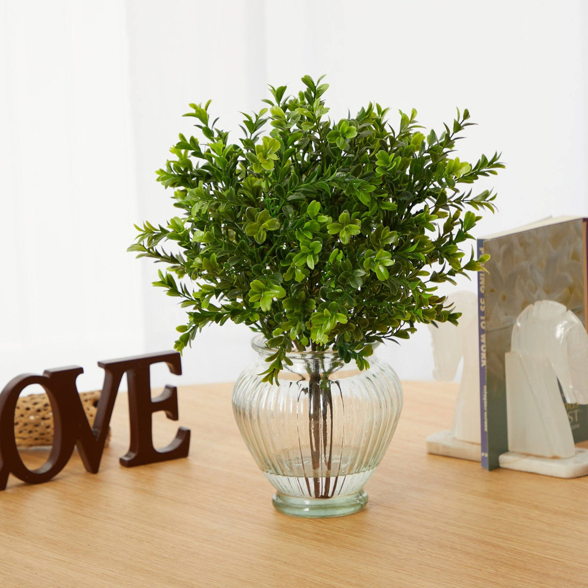 14-inch boxwood artificial plant in glass ribbed planter, lush green foliage Nearly Natural on Tampa Home & Garden Store