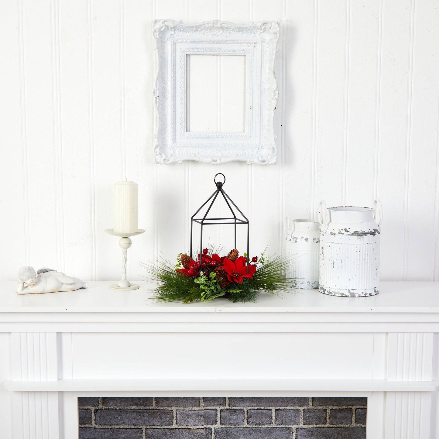 Bougeoir en métal de 35,5 cm, motif poinsettia, baies et pommes de pin, décoration de table de Noël