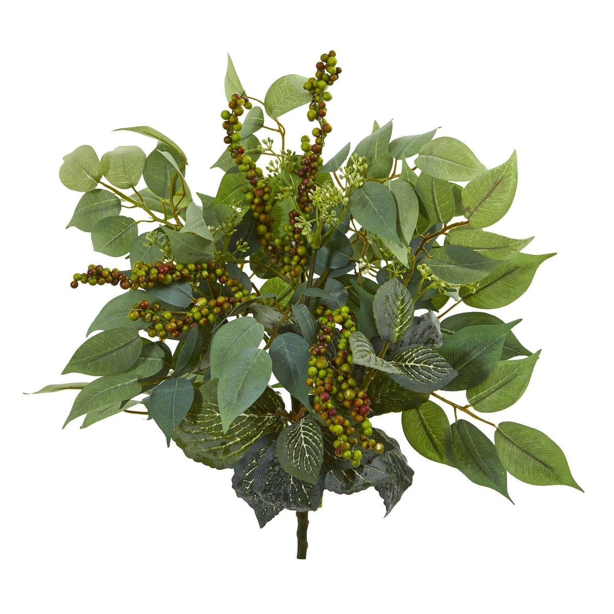 Artificial 14in ficus fittonia berry bush with green leaves and berry clusters set of 6 on Tampa Home & Garden Store