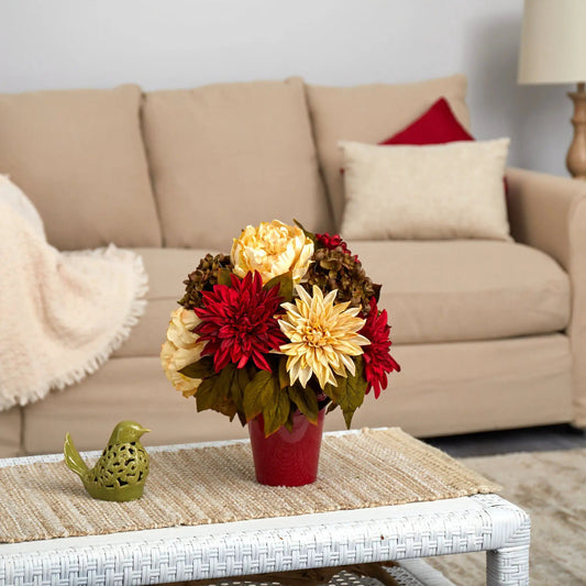 14 Inch Peony Hydrangea Dahlia Burgundy Vase arrangement Nearly Natural artificial blooms on Tampa Home & Garden Store