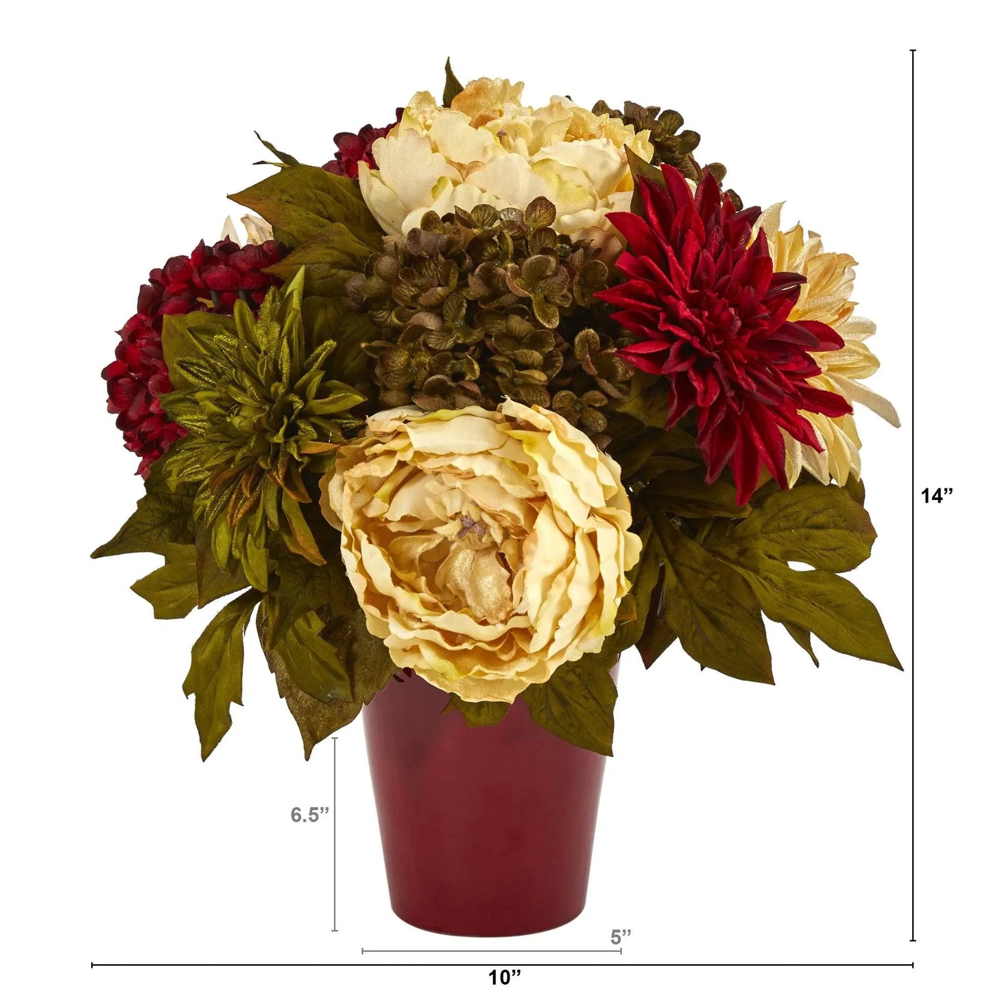 14 Inch Peony Hydrangea Dahlia Burgundy Artificial Arrangement in Burgundy Vase by Nearly Natural on Tampa Home & Garden Store
