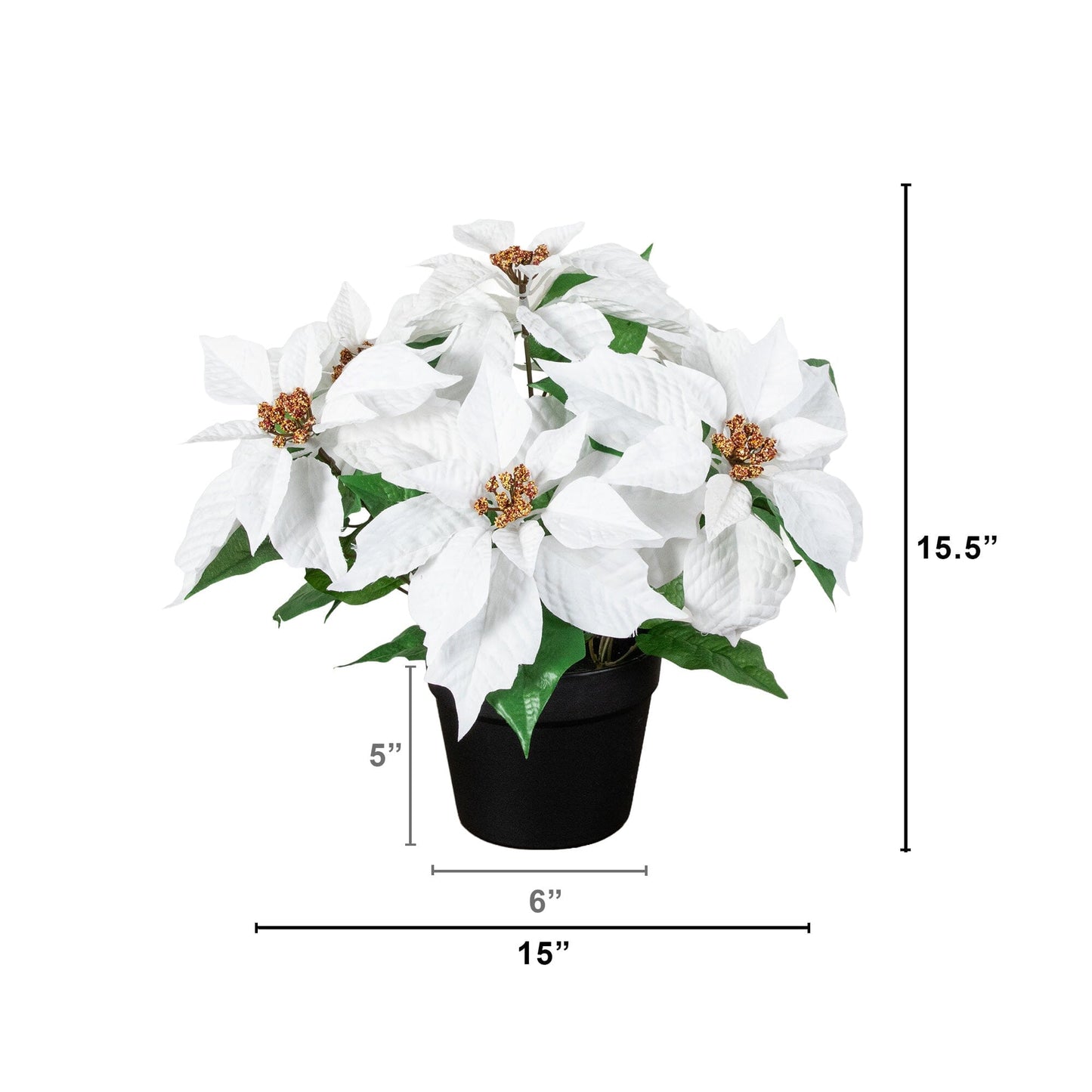 15in artificial poinsettia plant in black planter, white blooms and green leaves Nearly Natural on Tampa Home & Garden Store