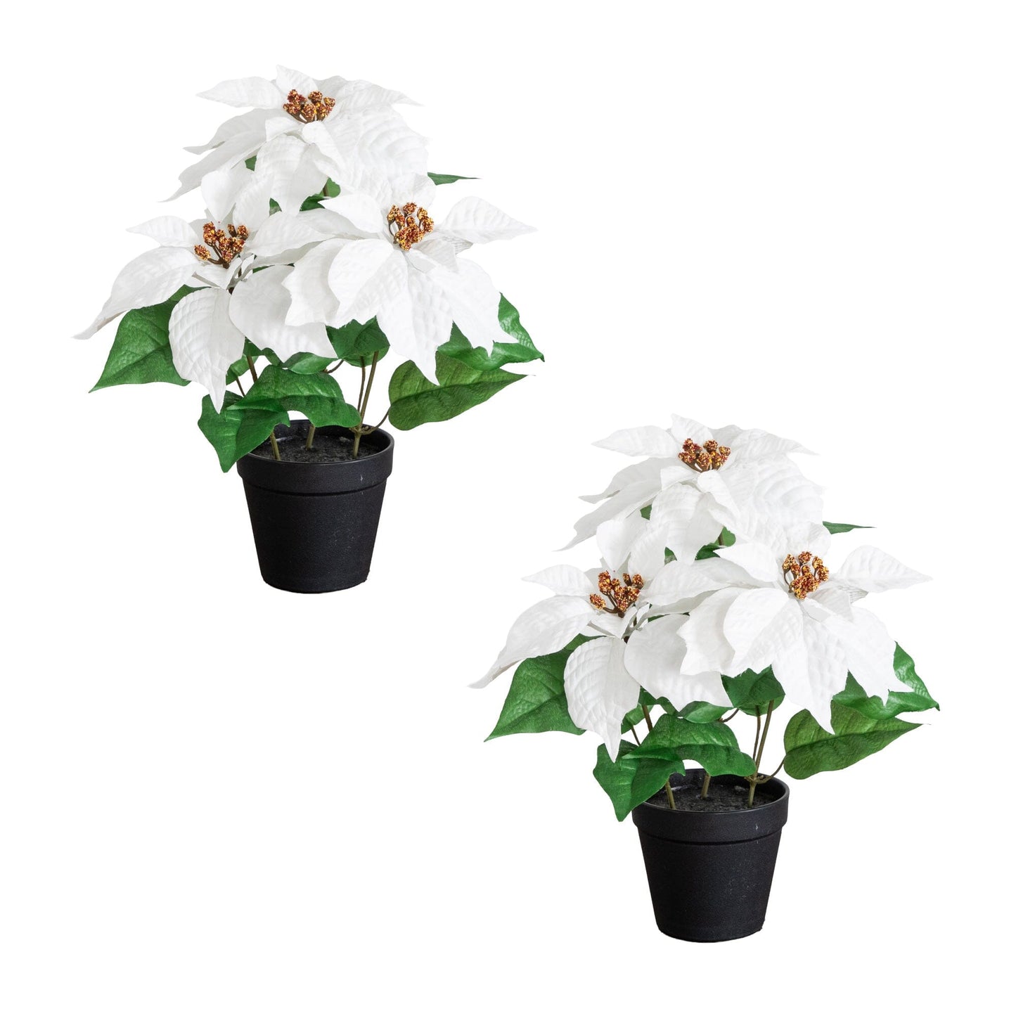 Artificial poinsettia plant set of 2 in black planters, white blooms with gold centers on Tampa Home & Garden Store
