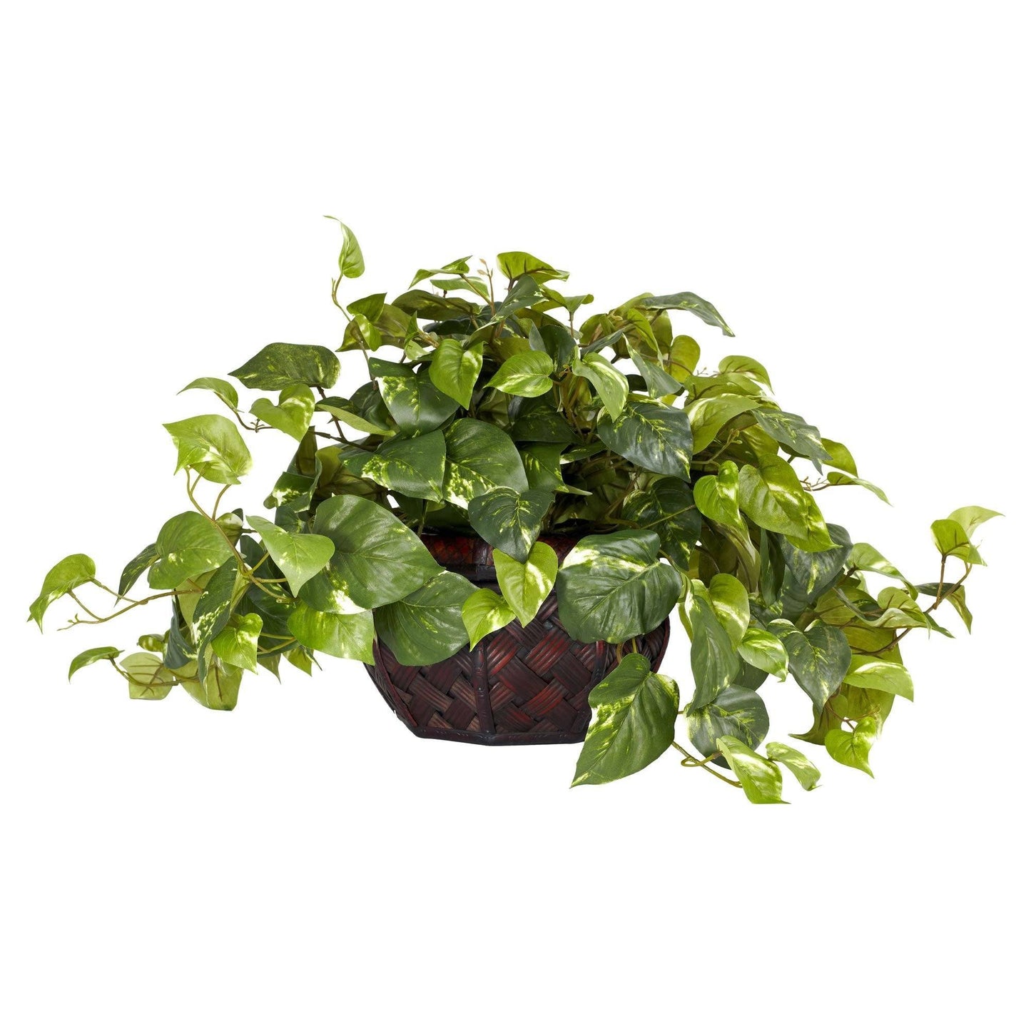 Nearly Natural 15in artificial pothos silk plant in a wicker basket with variegated green leaves on Tampa Home & Garden Store