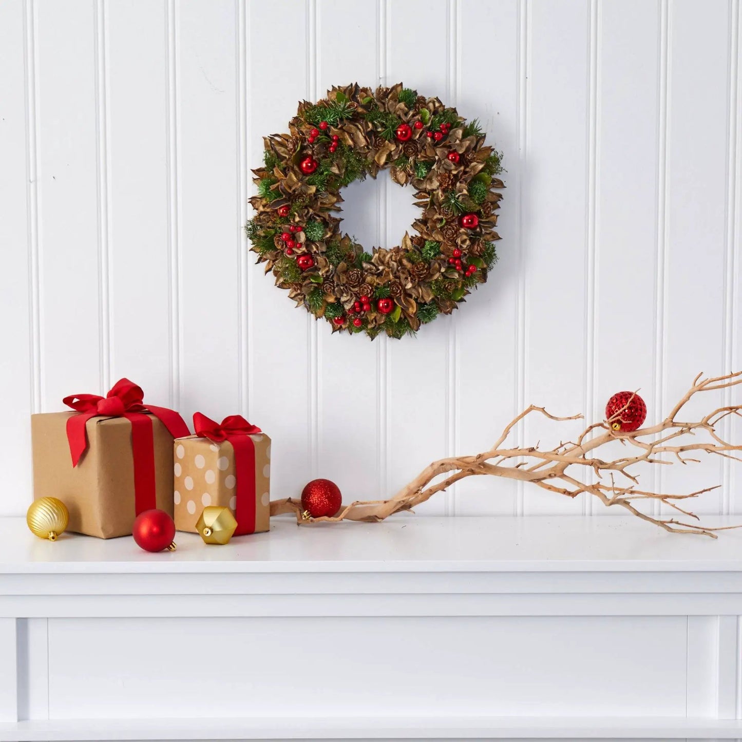 Wreath Holiday Wreath with pine cones, red berries and greenery Nearly Natural on Tampa Home & Garden Store