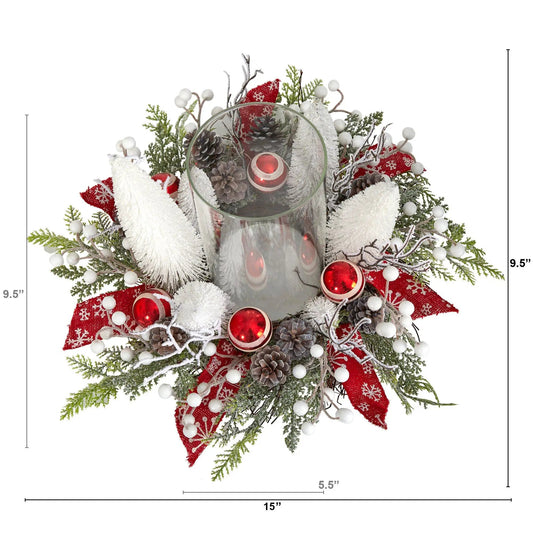 15 Inch Holiday Lighted Forest Candle Holder arrangement with frosted accents and pine cones on Tampa Home & Garden Store