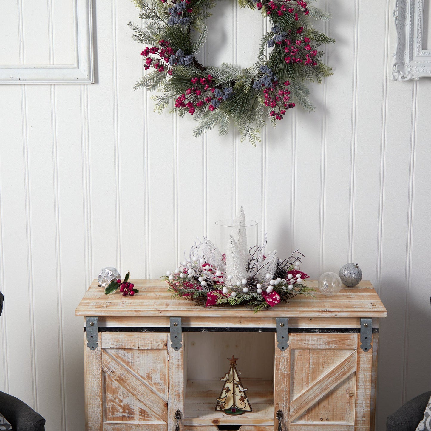 15 Inch Holiday Lighted Forest Candle Holder arrangement with evergreen and red berries on Tampa Home & Garden Store