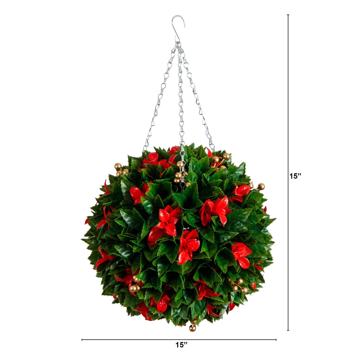 Nearly Natural 15in UV Resistant Photinia hanging ball with red tips and gold berries on Tampa Home & Garden Store
