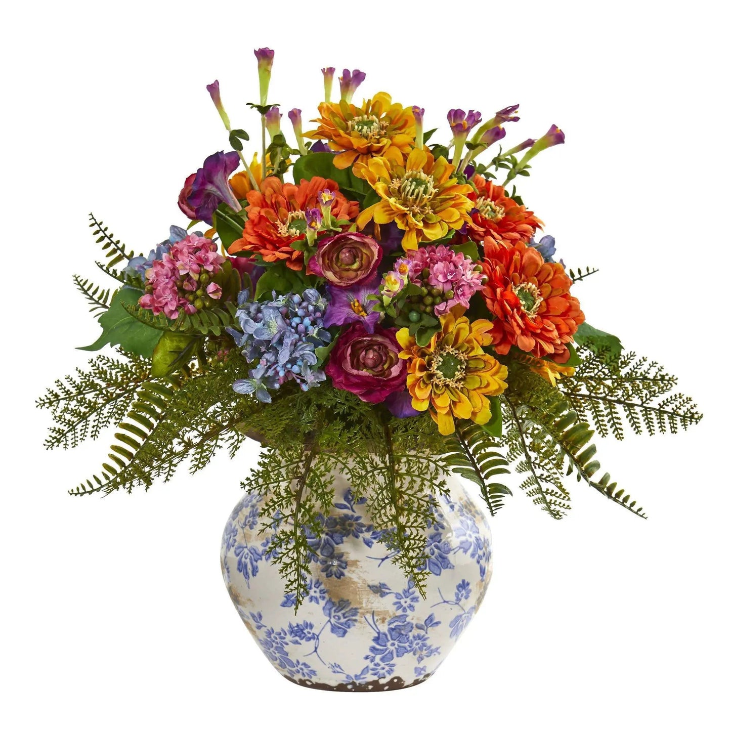 15 Mixed Floral Artificial Arrangement in Vase with orange yellow purple blooms in a blue vase on Tampa Home & Garden Store