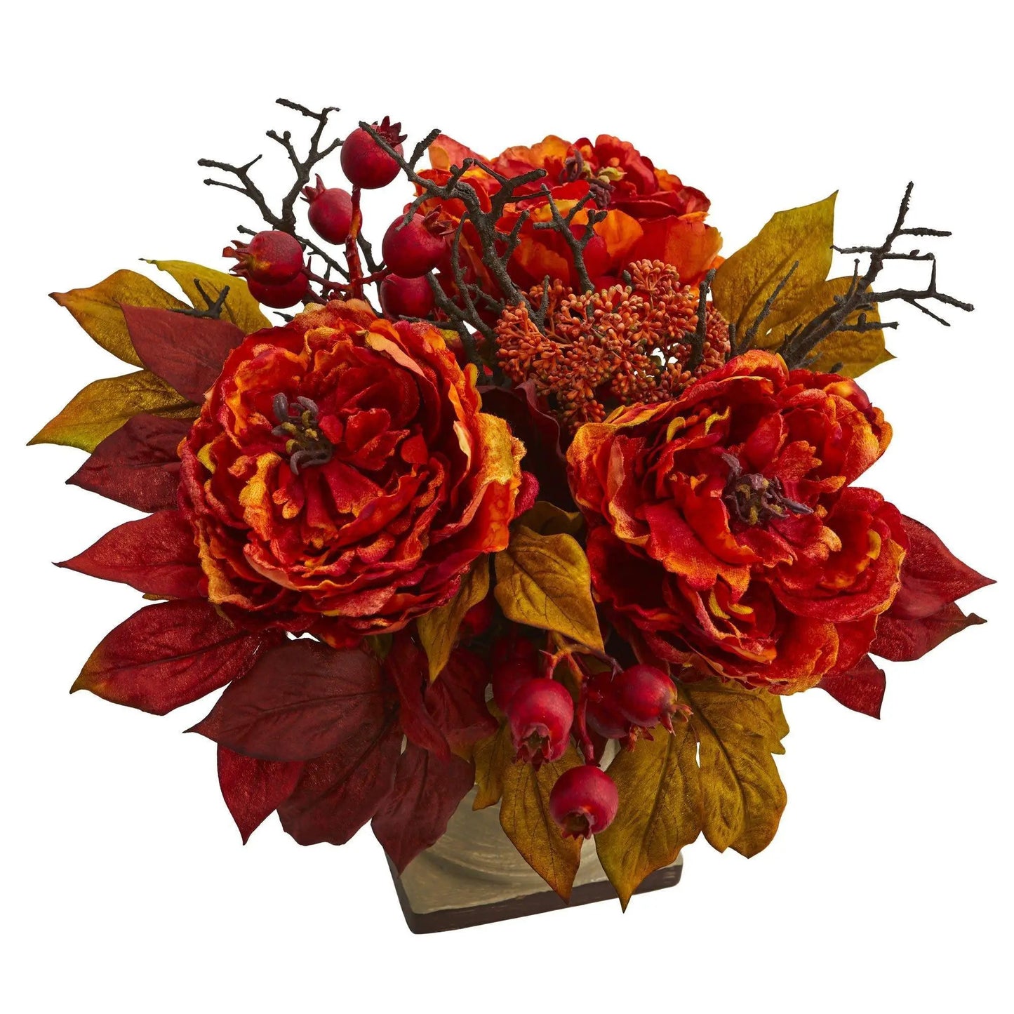 15 Inch Peony and Sedum Artificial Arrangement with fiery red-orange blooms on Tampa Home & Garden Store