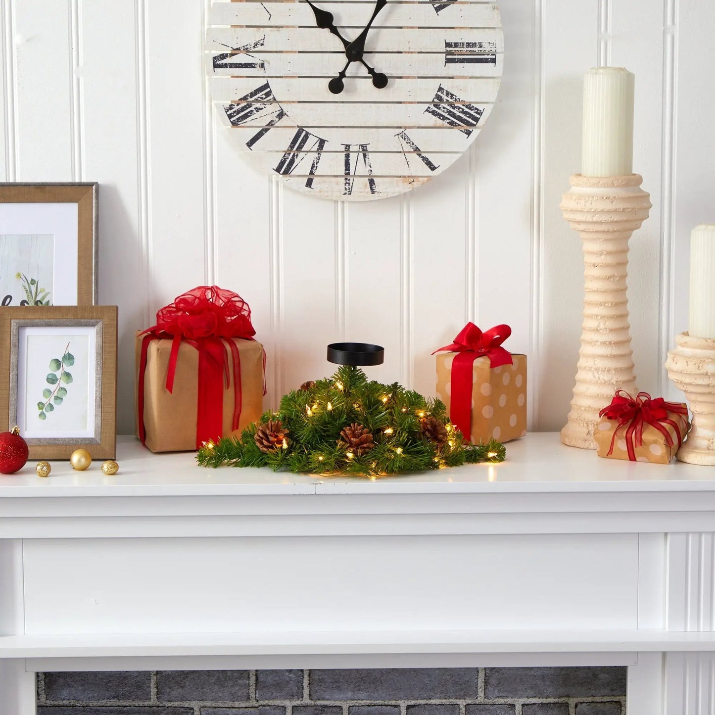 16 Inch Christmas Pine Candelabrum with 35 Lights on mantel amid wrapped gifts and greenery on Tampa Home & Garden Store