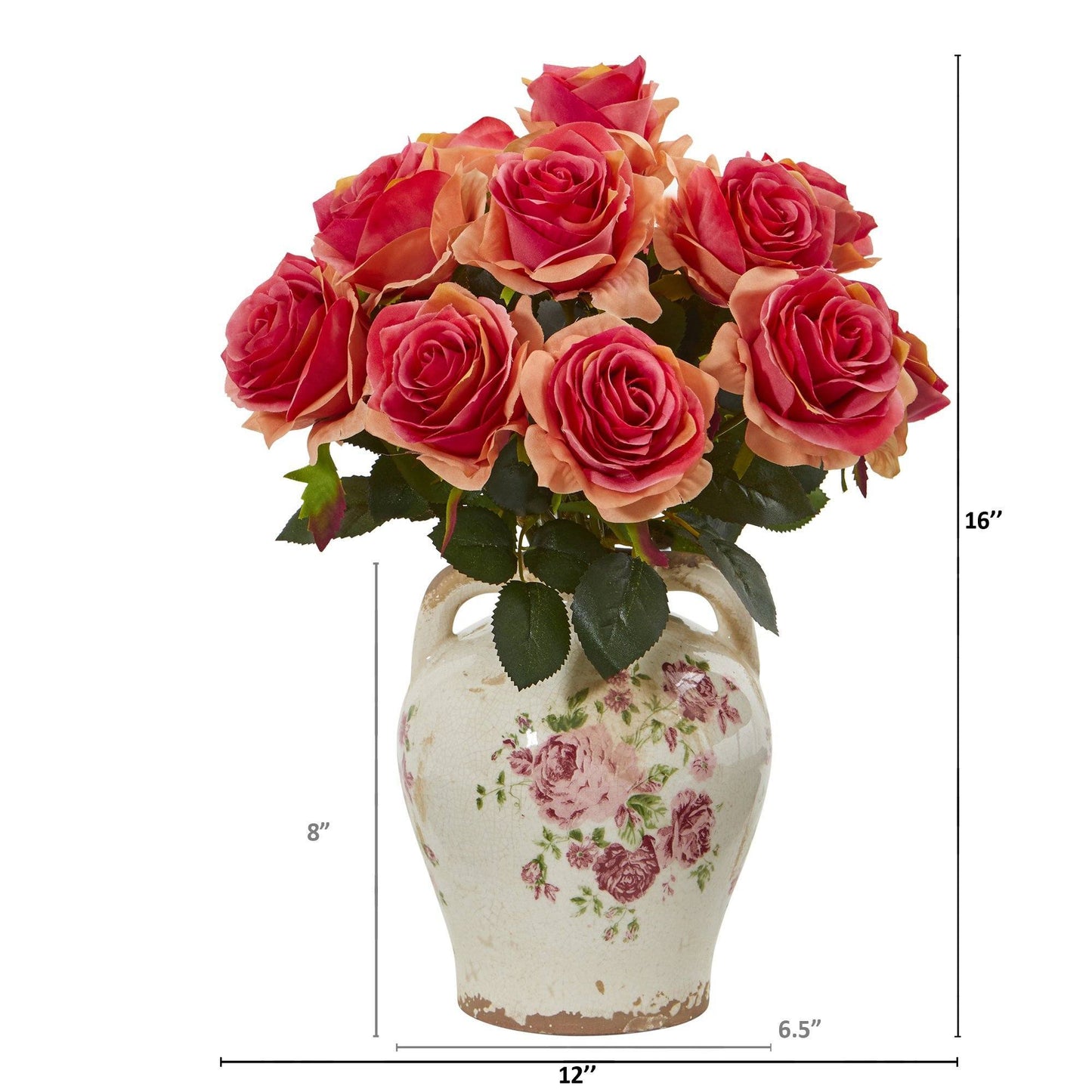Arreglo de rosas artificiales de 16" en frasco con estampado floral