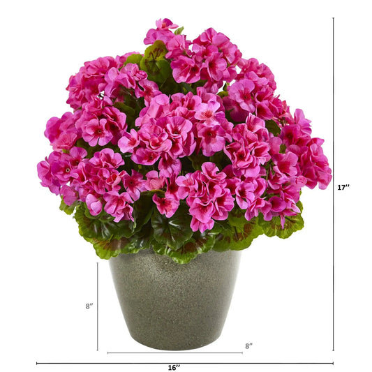 Geranium artificial plant, 17-inch pink, UV resistant indoor/outdoor, Nearly Natural in gray pot on Tampa Home & Garden Store
