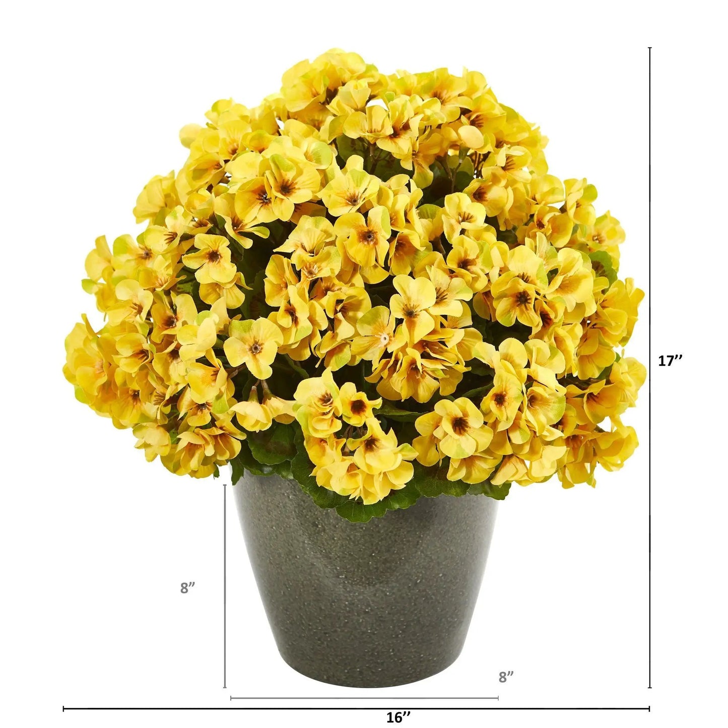 Geranium artificial plant 17 in, UV resistant, Nearly Natural, yellow blooms in gray pot on Tampa Home & Garden Store