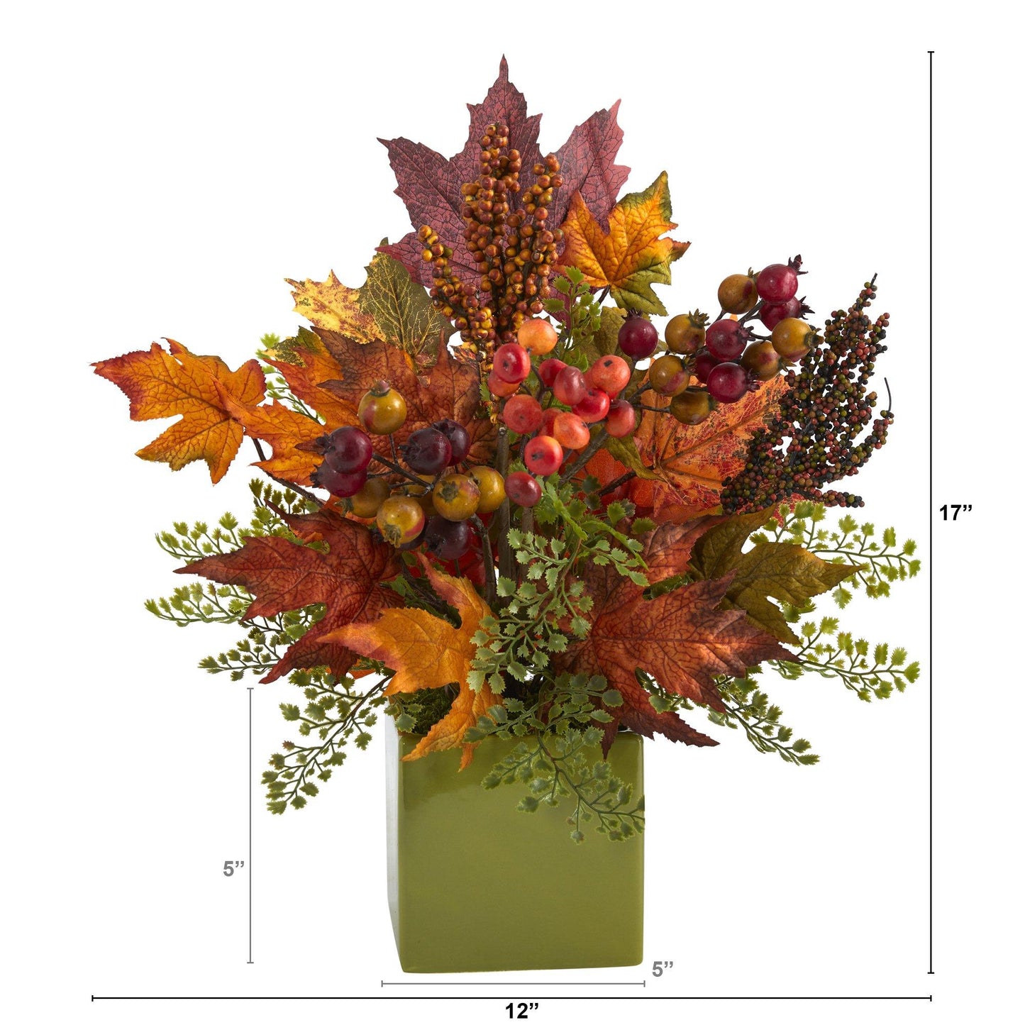 Arrangement artificiel de 43 cm avec feuilles d'érable, baies et cheveux de jeune fille dans un vase vert