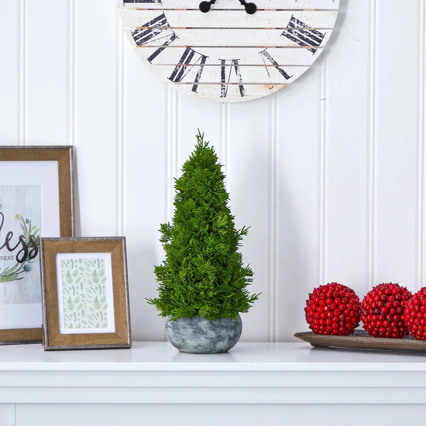 18 Inch Cypress Cone Artificial Christmas Tree Nearly Natural in a gray stone planter on Tampa Home & Garden Store