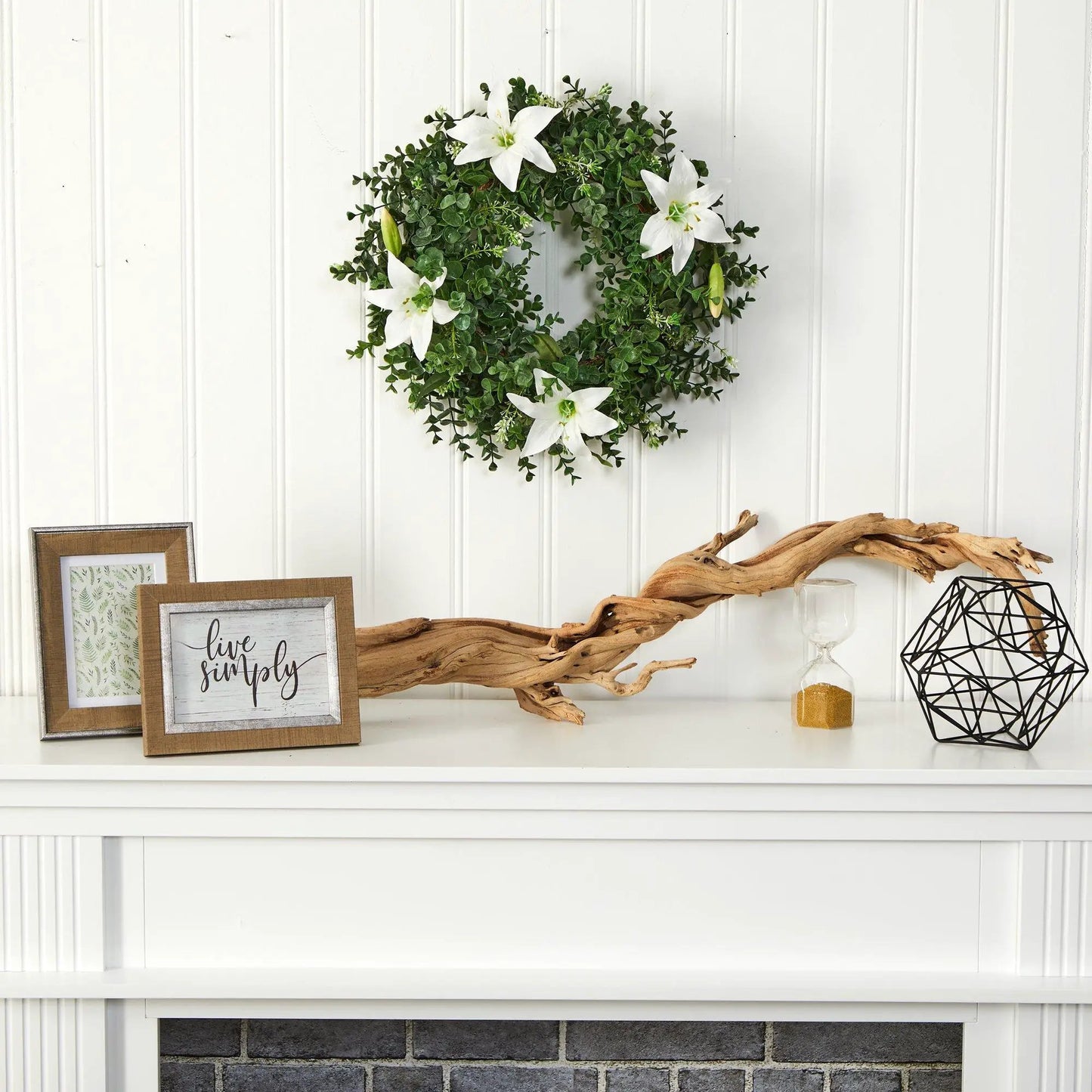 18 inch Eucalyptus and Lily Double Ring Wreath by Nearly Natural with white lilies on Tampa Home & Garden Store