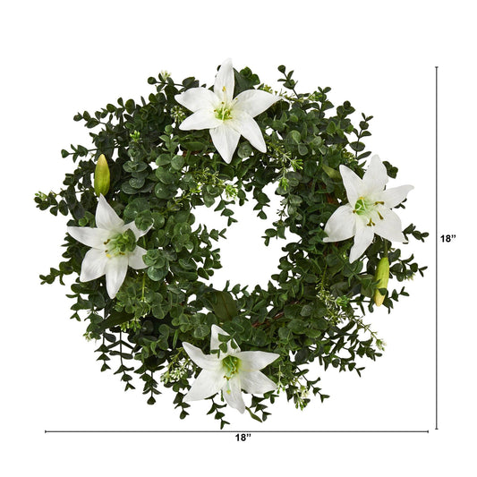 18” Eucalyptus and Lily Double Ring Artificial Wreath with Twig Base - Tampa Home & Garden Store