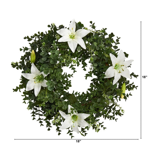 18” Eucalyptus and Lily Double Ring Artificial Wreath with Twig Base - Tampa Home & Garden Store