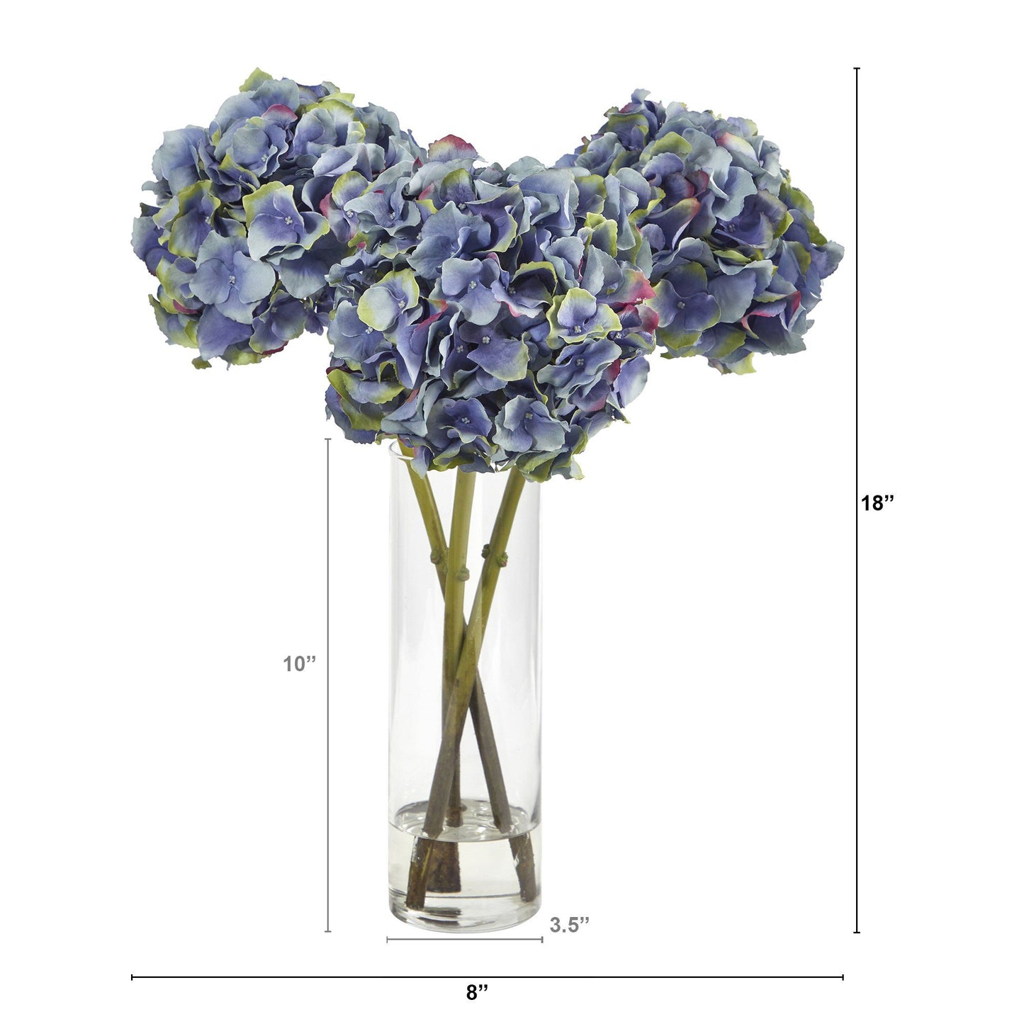 Composition florale artificielle d'hortensias bleus de 45 cm dans un vase cylindrique en verre