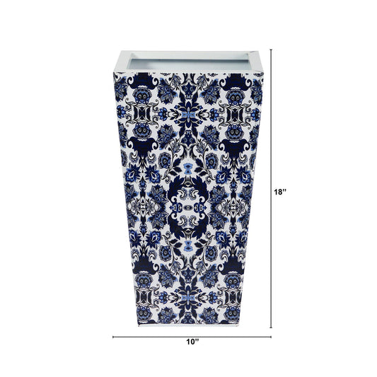 Nearly Natural 18-inch Oriental blue and white metal planter with ornate damask pattern on Tampa Home & Garden Store